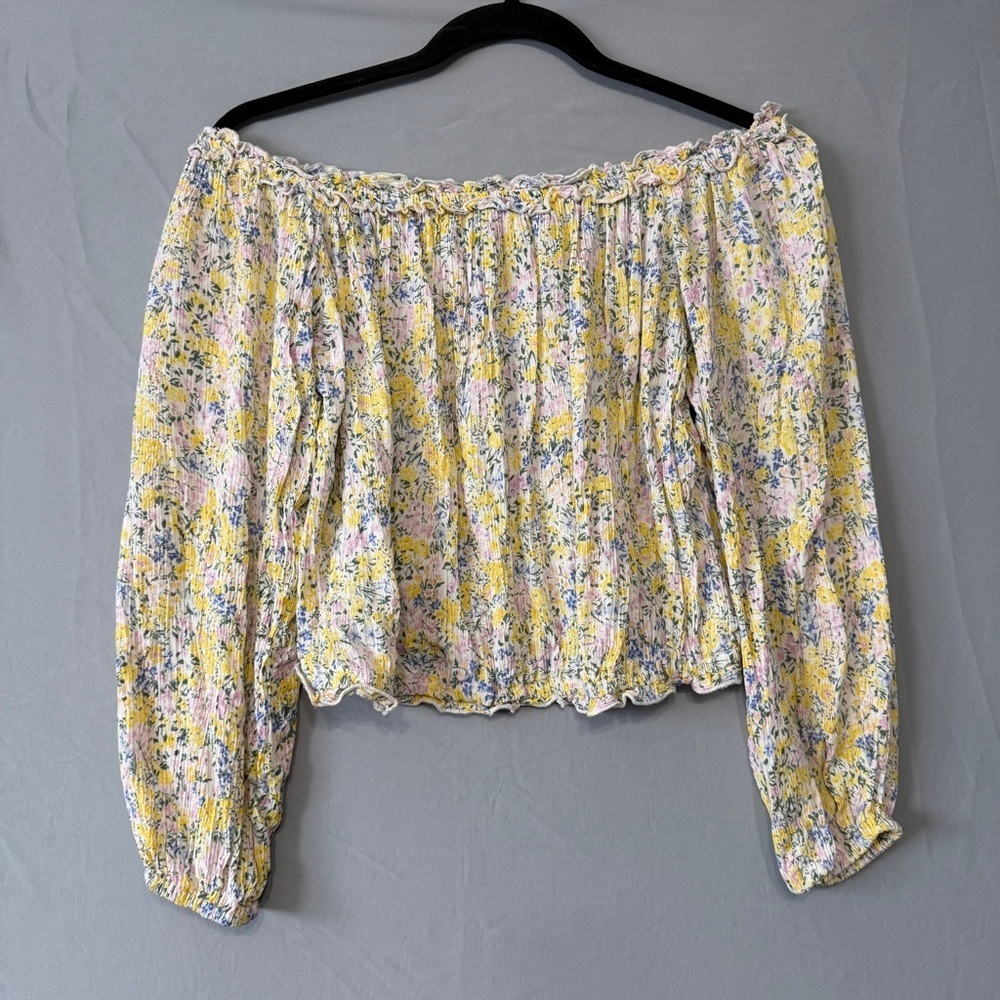 Dex Womens Boho Floral Off Shoulder Top S Yellow Stretchy Cottagecore Festival